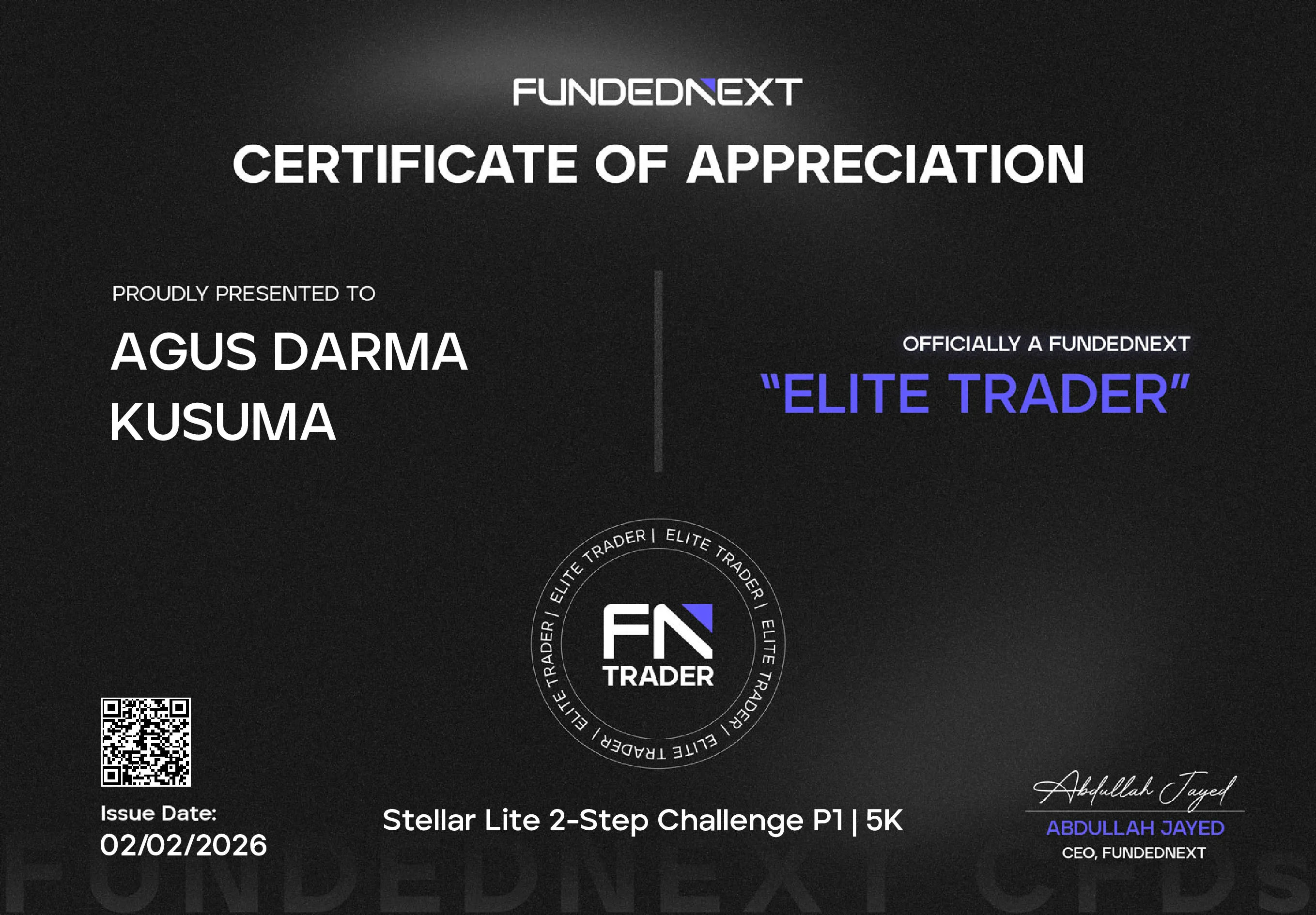 FundedNext Elite Trader Certificate
